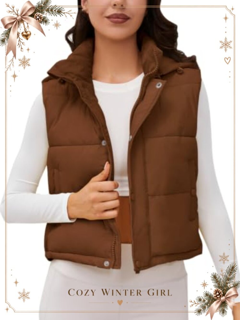 Cropped Puffer Vest with Hood Zip Snap Pockets Winter Warm